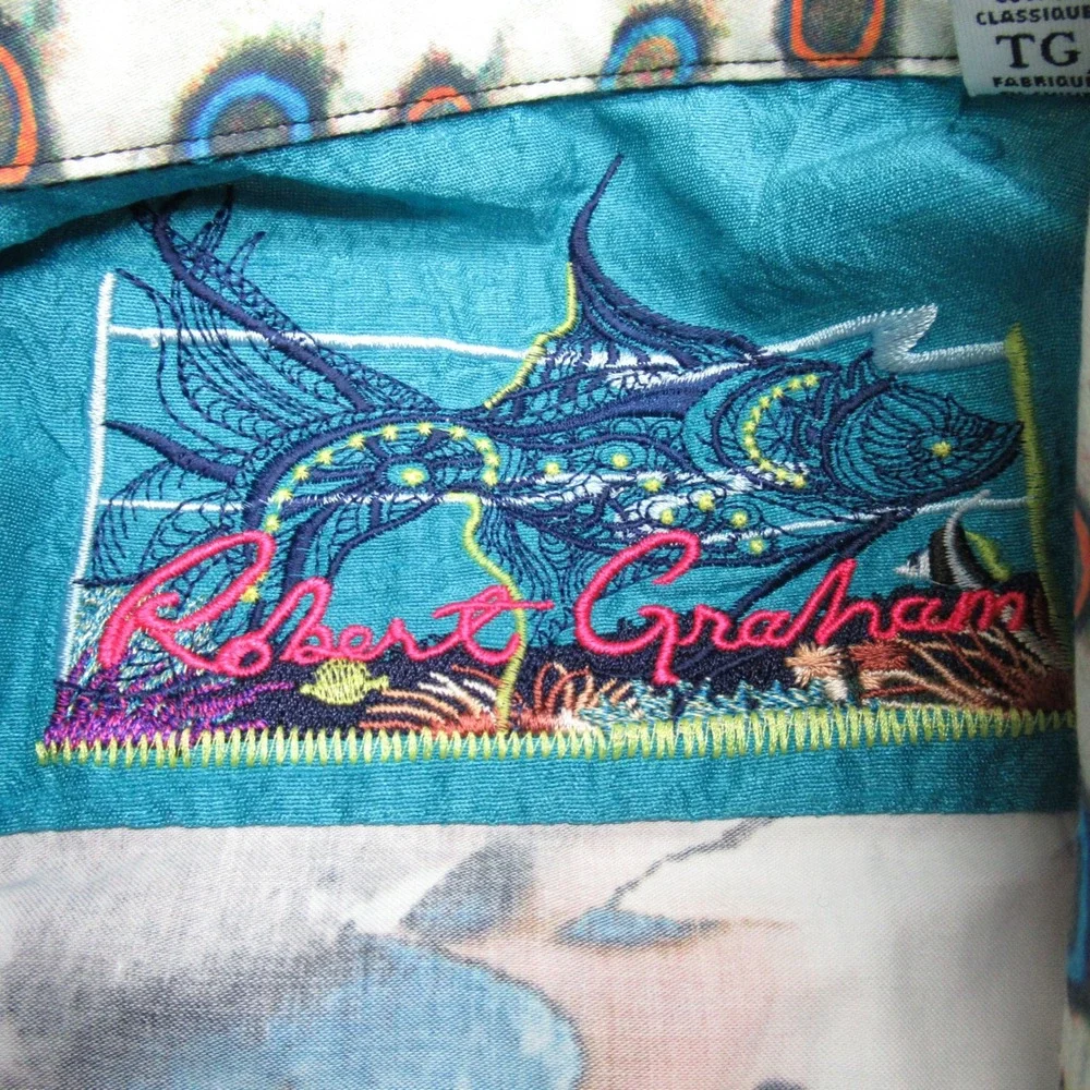 Robert Graham Shirt Mens XL Blue Abstract Classic Flip Cuff Button Down VTG Rare - Picture 10 of 16